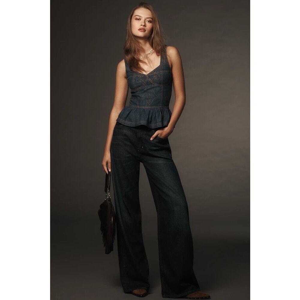 ANTHROPOLOGIE- NWT- PILCO EMBROIDERED PEPLUM CROSET JEAN TOP Sz:XXS‎ Ret$98.